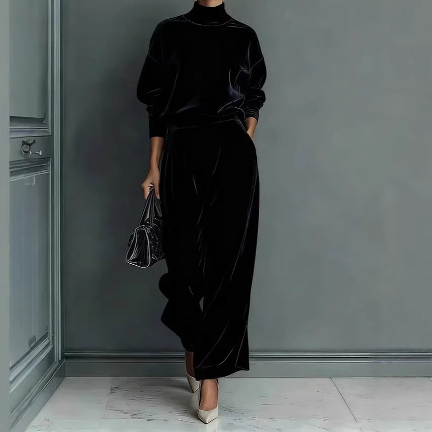 Velvet Mock Neck Wide Leg Pants Two Piece Lounge Set