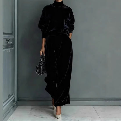 Velvet Mock Neck Wide Leg Pants Two Piece Lounge Set