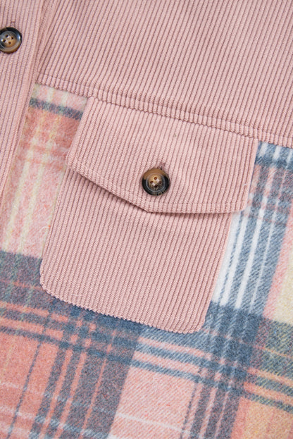 Light Pink Plaid Corduroy Patchwork Pocket Shacket