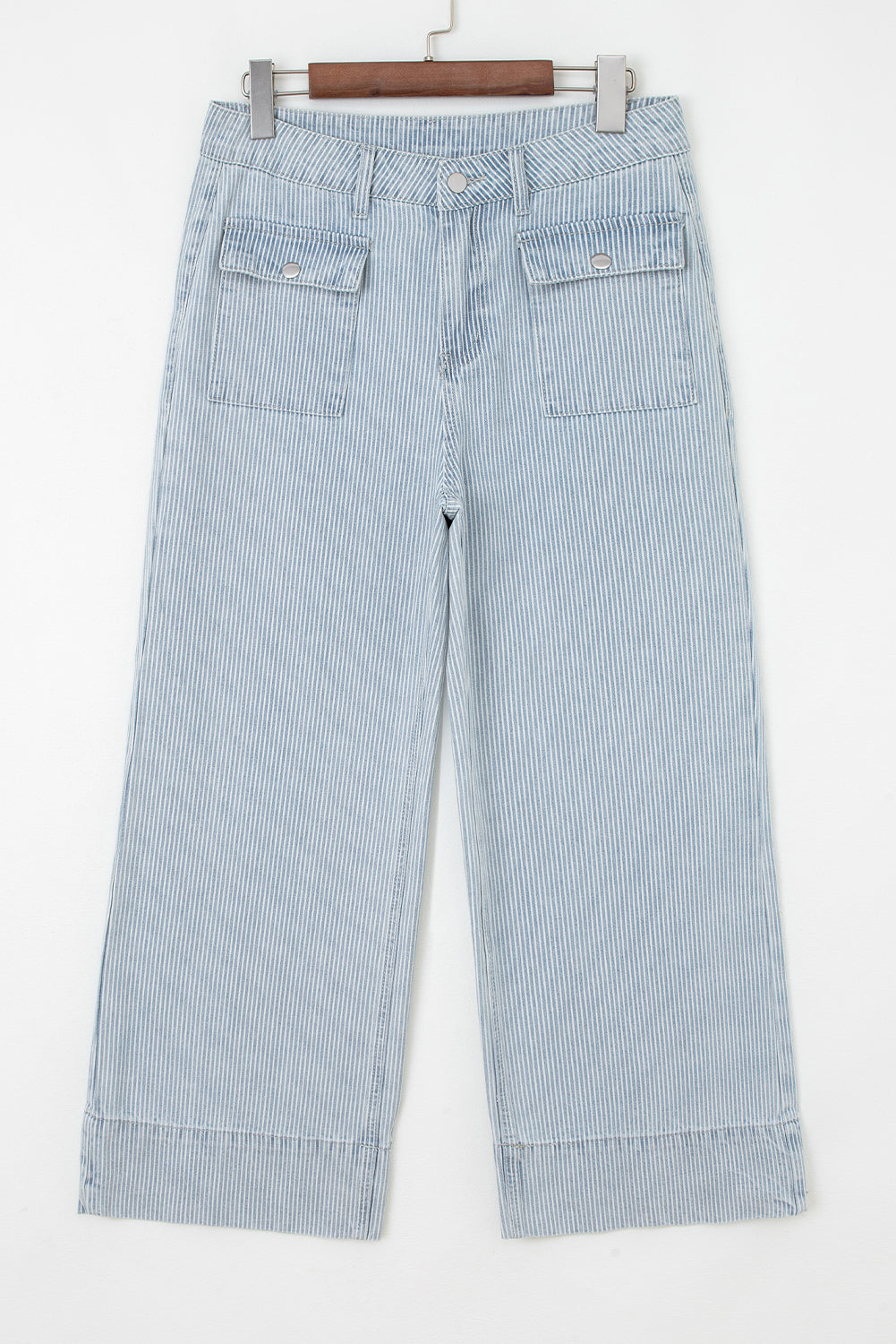 Sky Blue Pinstripe Wide Leg Jeans with Button Flap Pockets