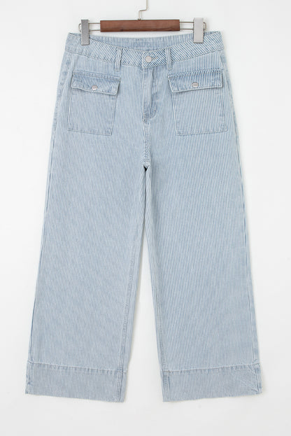 Sky Blue Pinstripe Wide Leg Jeans with Button Flap Pockets