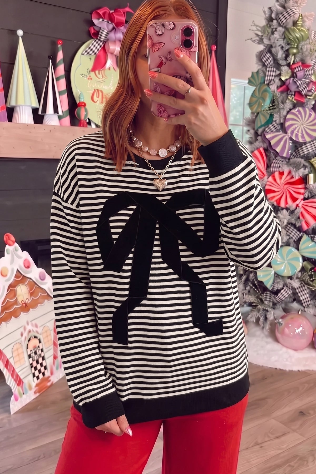 Black Stripe Velvet Bow Pattern Dropped Shoulder Loose Sweatshirt