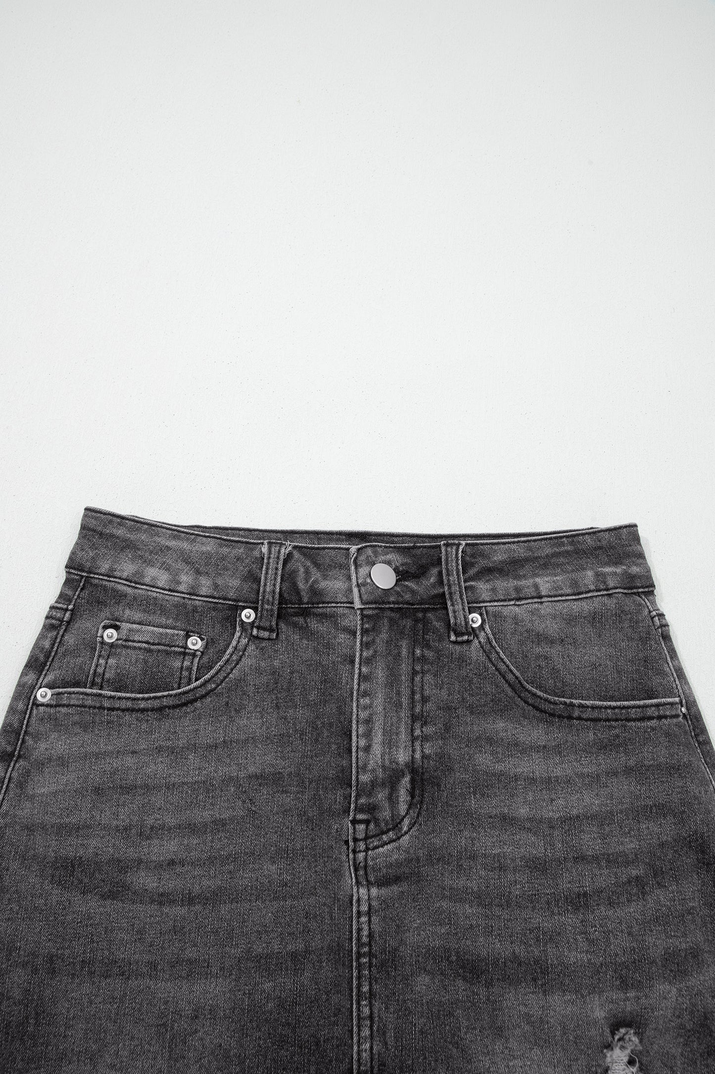 Distressed High Waist Asymmetrical Denim Midi Skirt