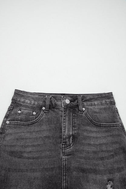 Distressed High Waist Asymmetrical Denim Midi Skirt