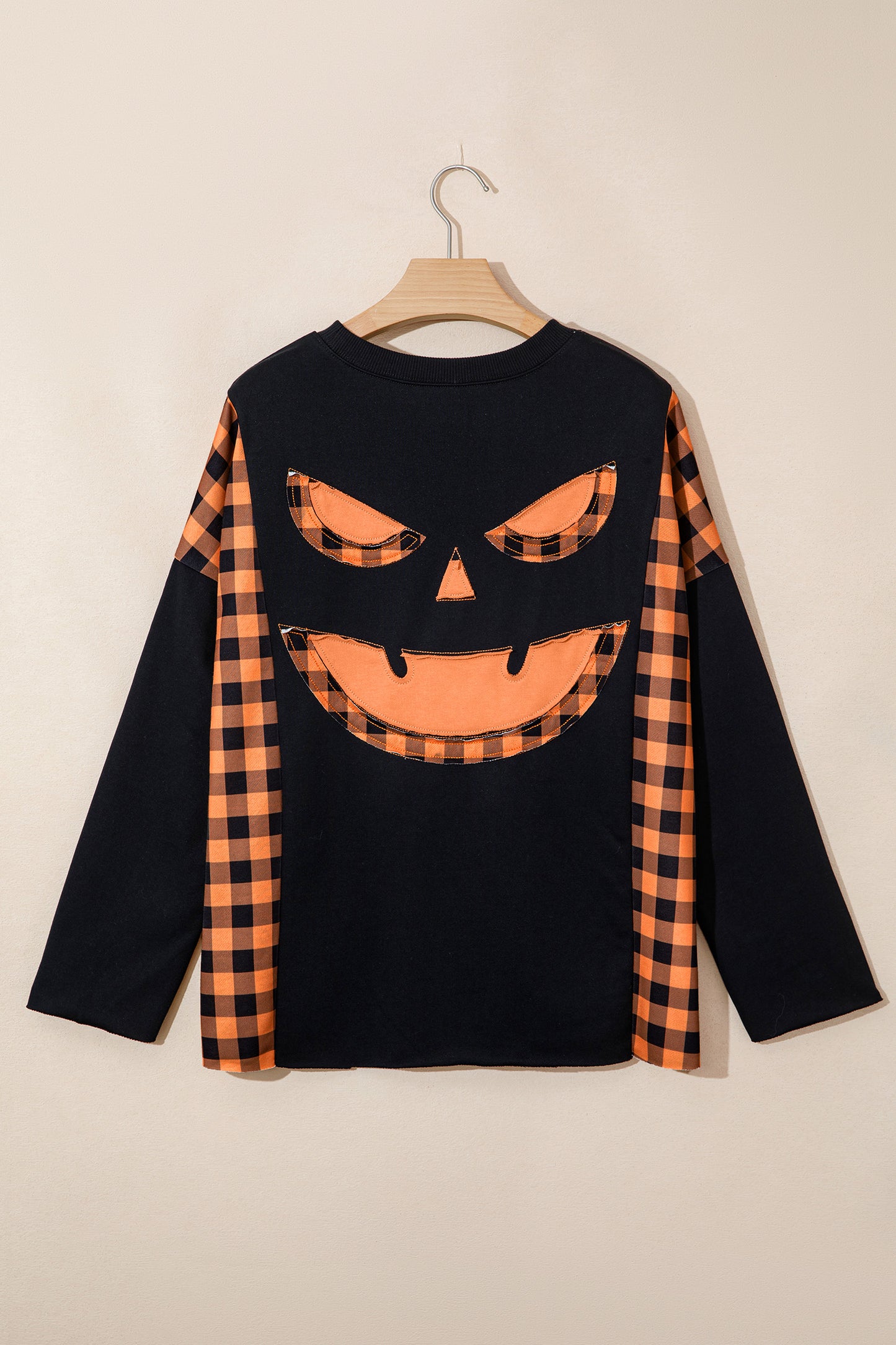 Halloween Pumpkin Face Plaid Patchwork Long Sleeve Top