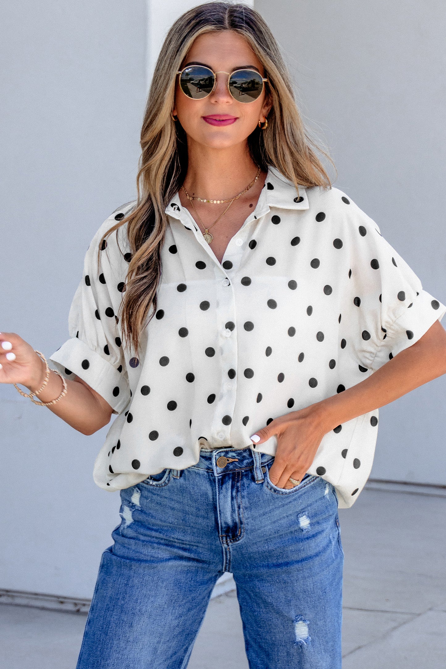 Beige Polka Dot Button Up Dolman Sleeve Loose Blouse