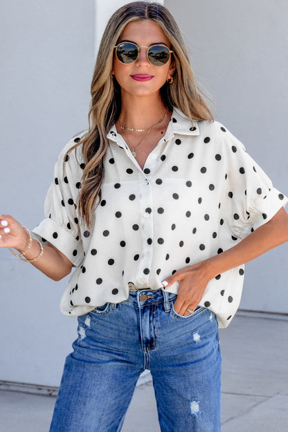 Beige Polka Dot Button Up Dolman Sleeve Loose Blouse