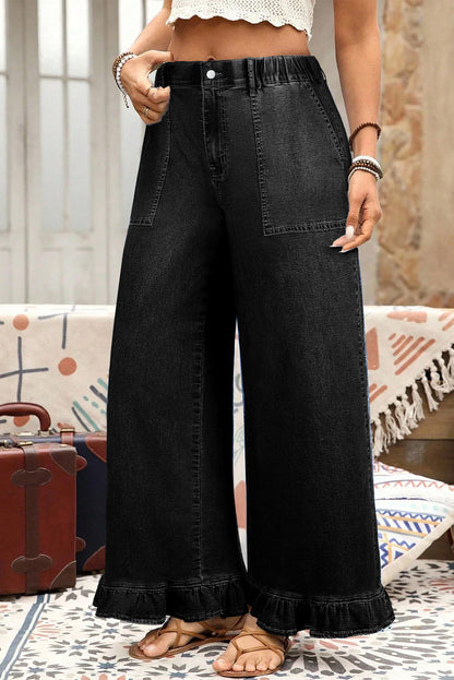 Sail Blue Plus Size Elastic Waist Ruffle Hem Jeans