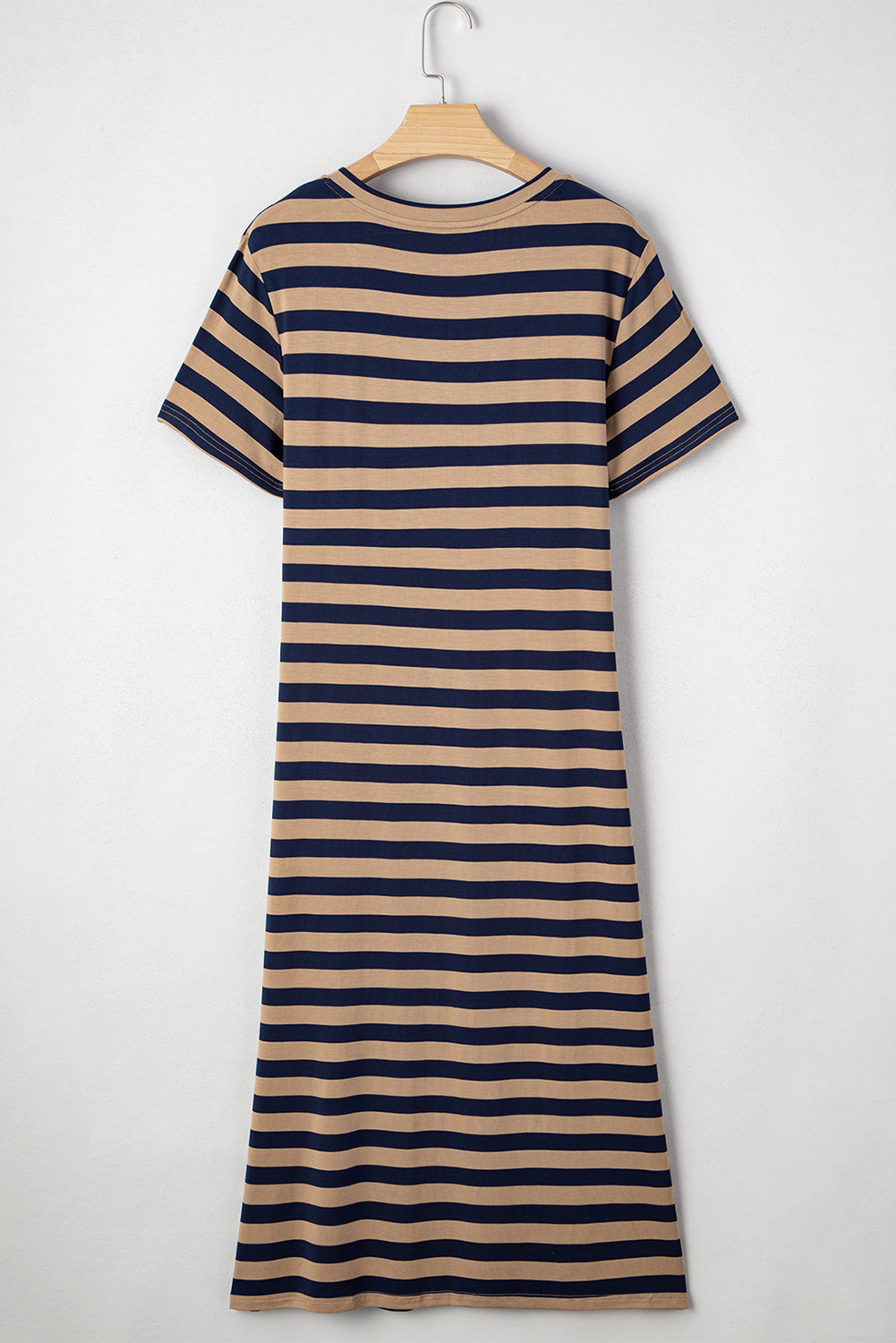 Black Stripe V Neck T Shirt Maxi Dress with Side Slit