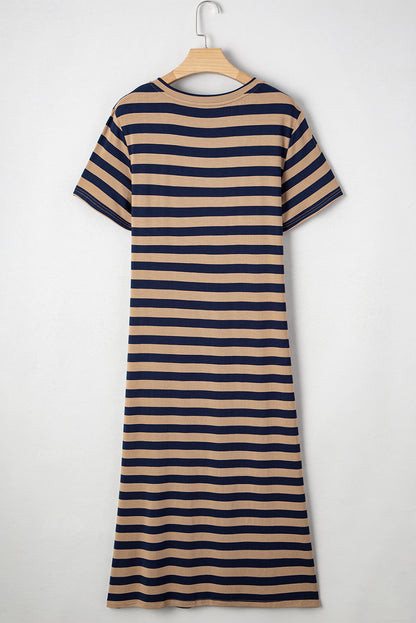 Black Stripe V Neck T Shirt Maxi Dress with Side Slit