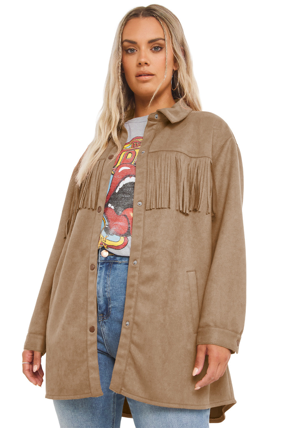 Khaki Fringe Trim Plus Size Suede Shacket