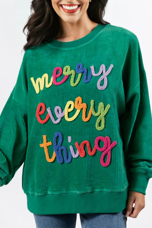 merry little thing Corded Letter Graphic Ribbed Loose Sweatshirt