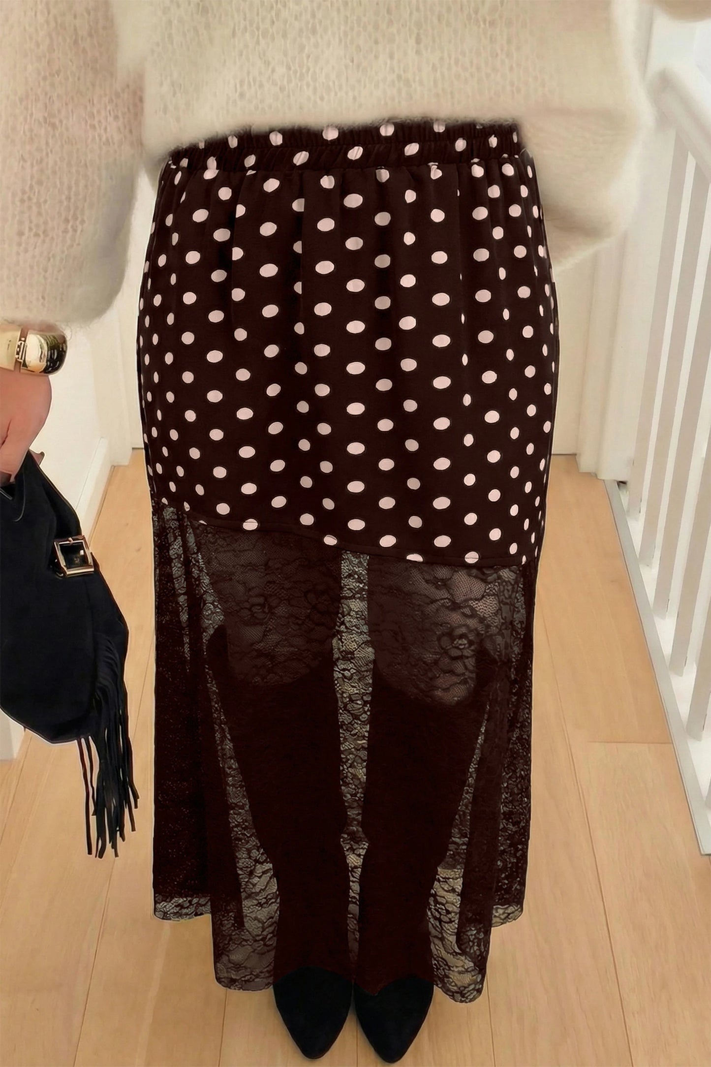 Black Polka Dot Lace Sheer Midi Maxi Skirt