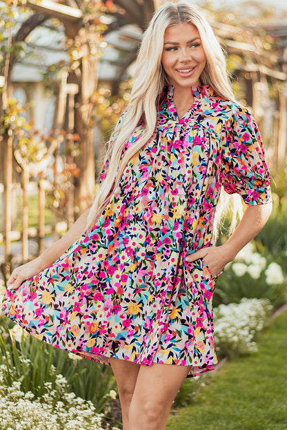 Pink Floral Puff Sleeve V Neck Mini Dress