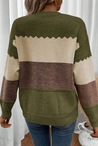 Black Beige Brown Colorblock Drop Shoulder Knit Sweater