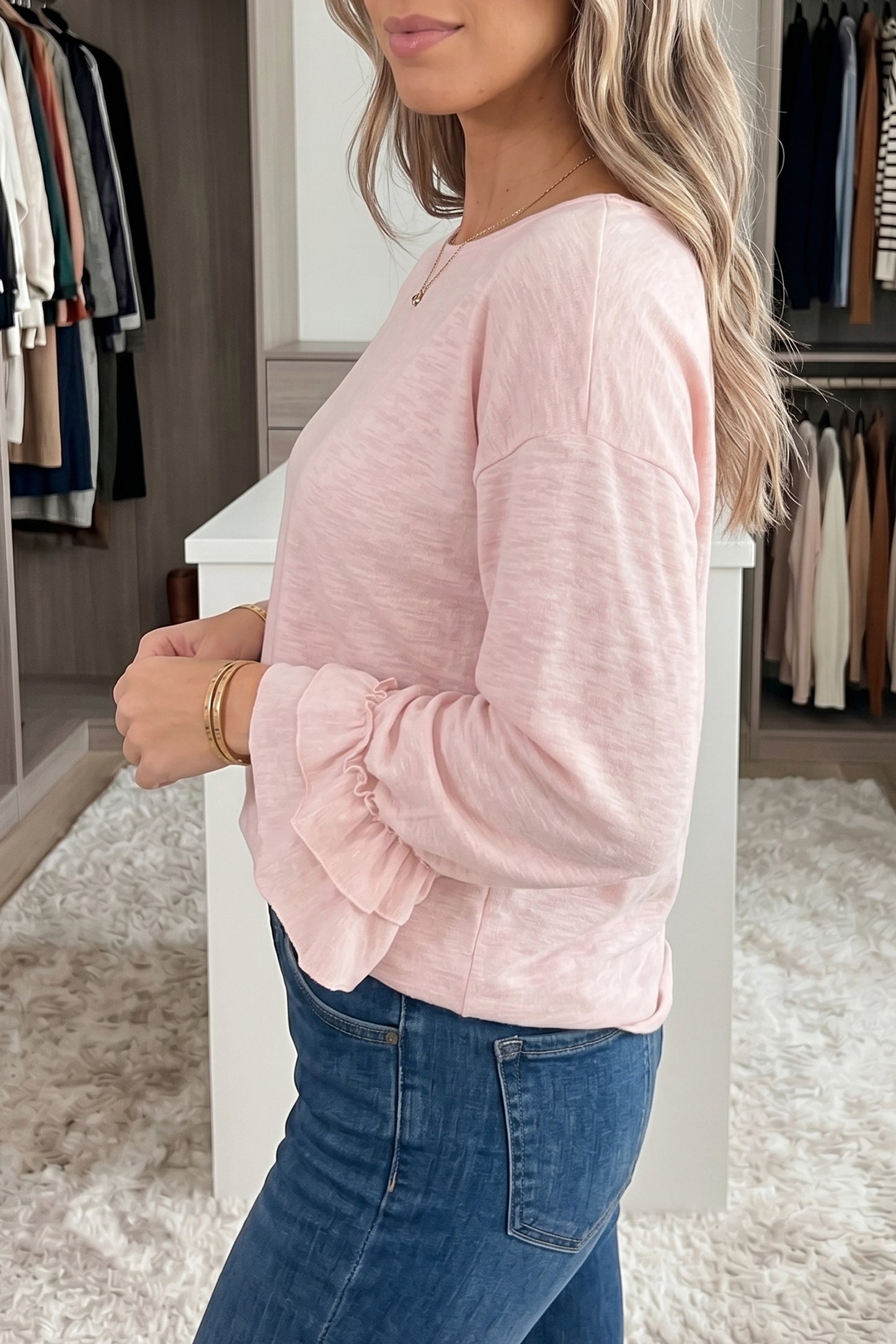 Gossamer Pink Ruffle Sleeve Loose Long Sleeve Blouse Top