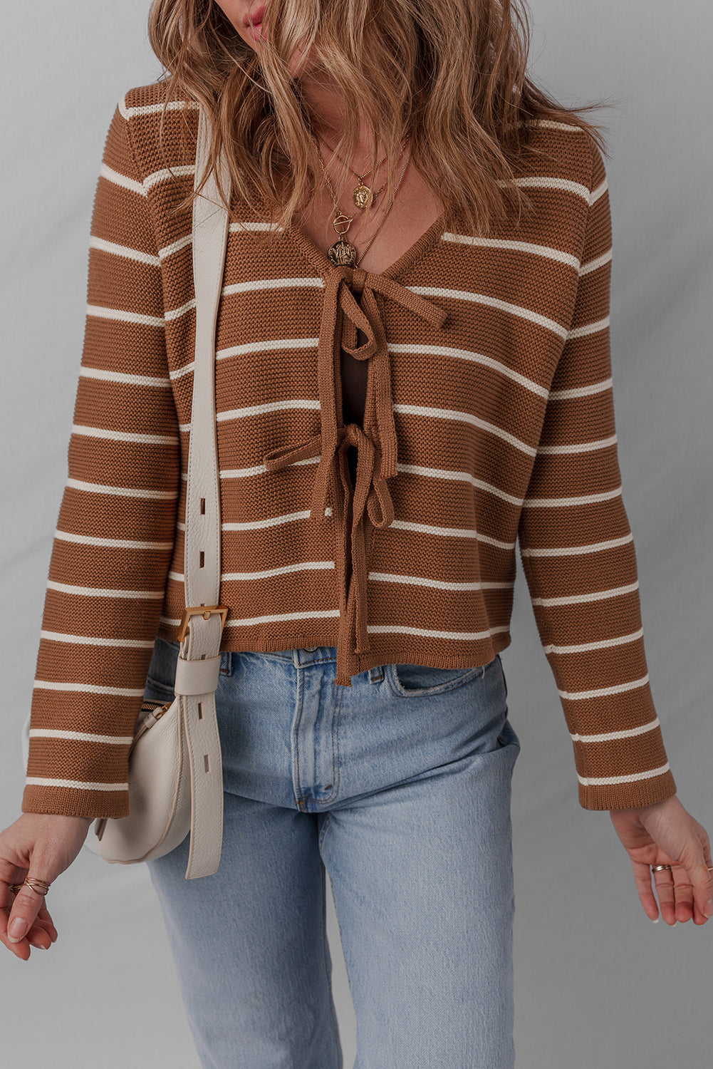 Chestnut Striped Knit Tie Front V Neck Cardigan Sweater