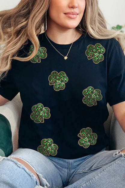 Black Sequin Clover Patch St Patrick's Day Tee