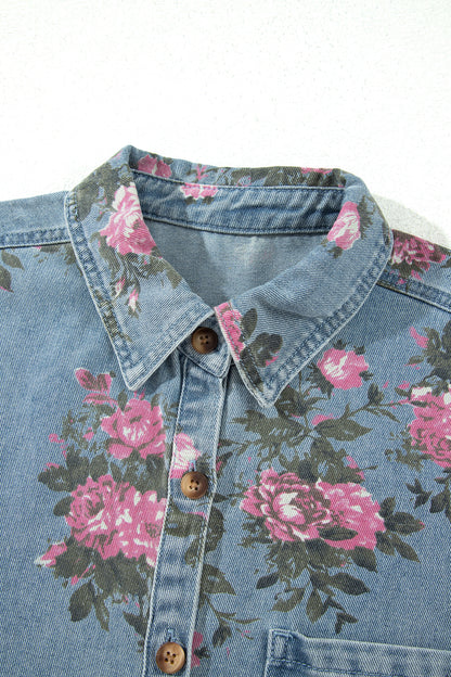Floral Denim Jacket Ruffle Hem Puff Sleeve Cropped