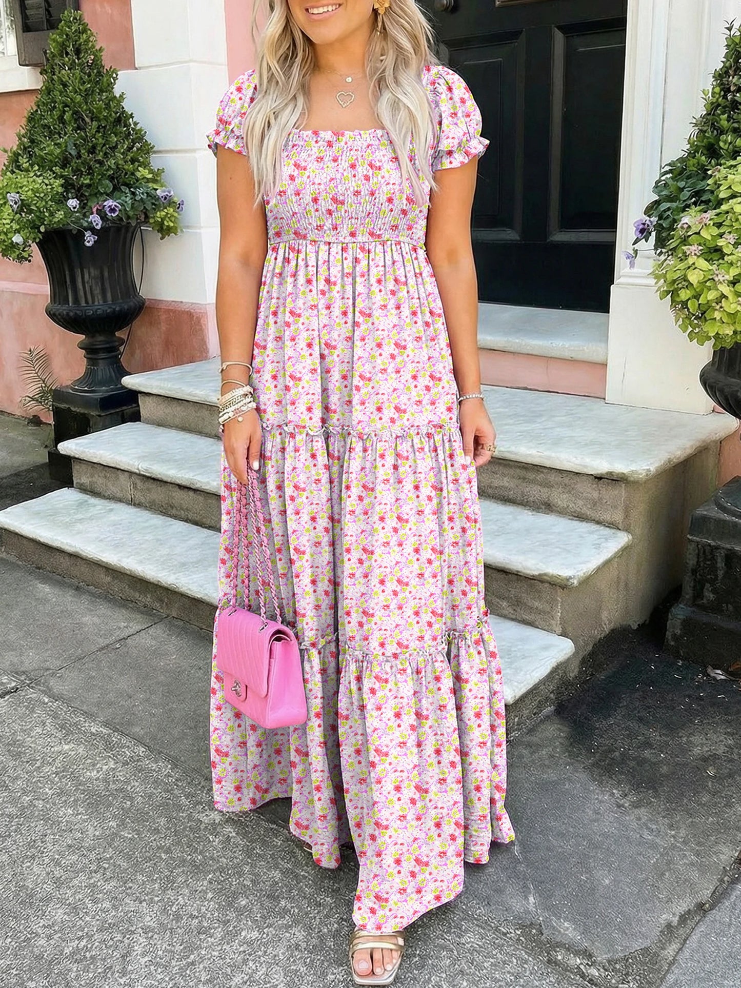 Purple Floral Off Shoulder Smocked Maxi Dress