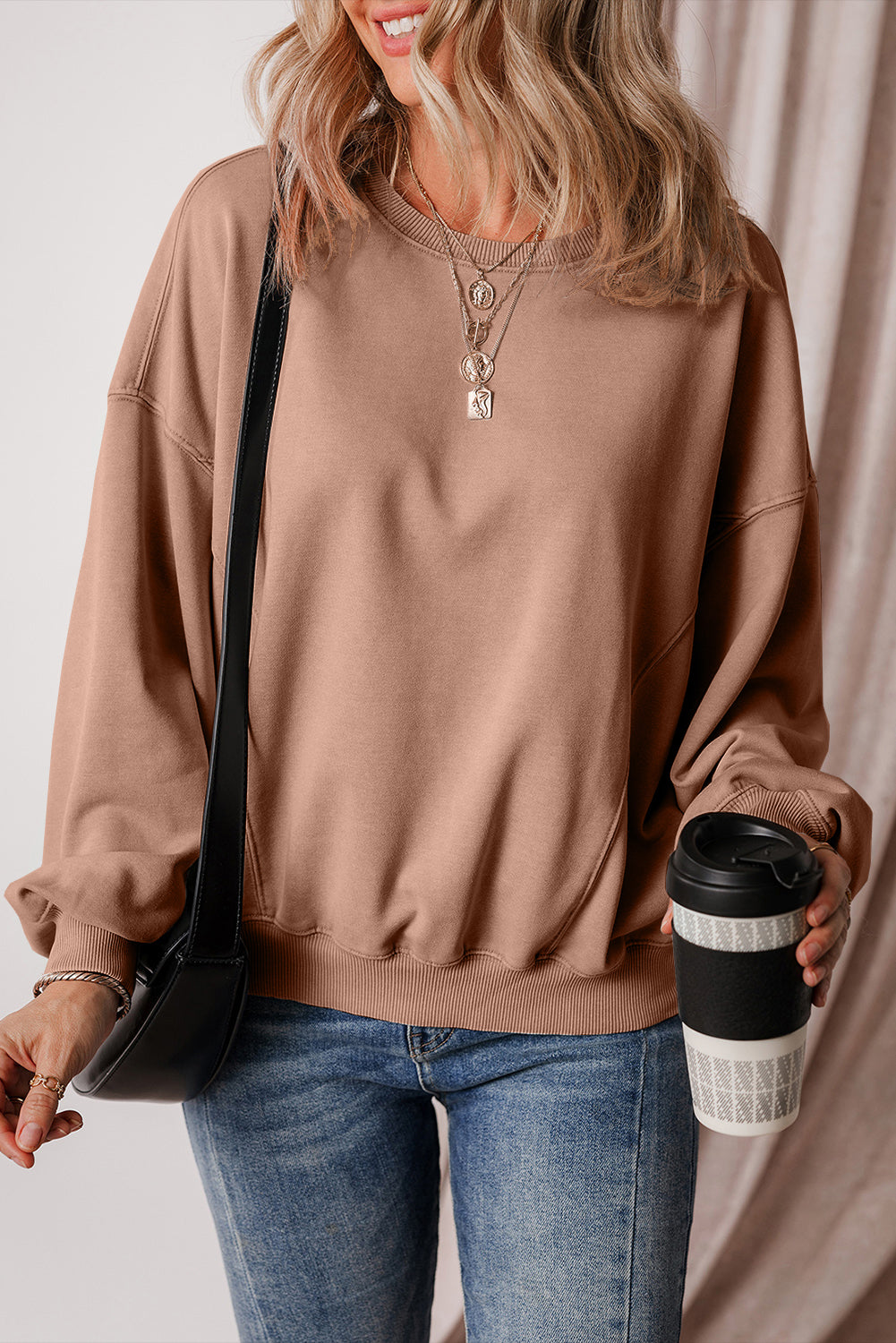 Orchid Petal Exposed Seam Batwing Sleeve Drop Shoulder Sweatshirt