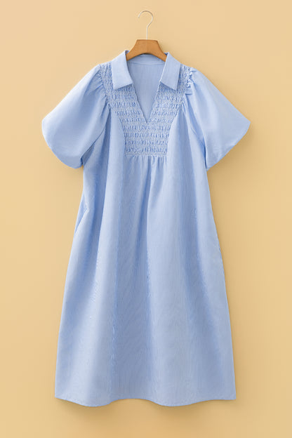 Plus Size Smocked V Neck Midi Dress Stripe Puff Sleeve