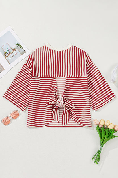 Red Stripe Bow Cutout Back Drop Shoulder Loose Tee