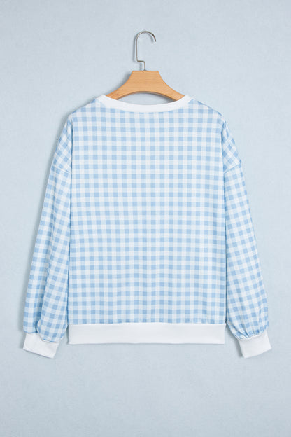 Gingham Plaid Sweatshirt Oversized Puff Sleeve Pullover