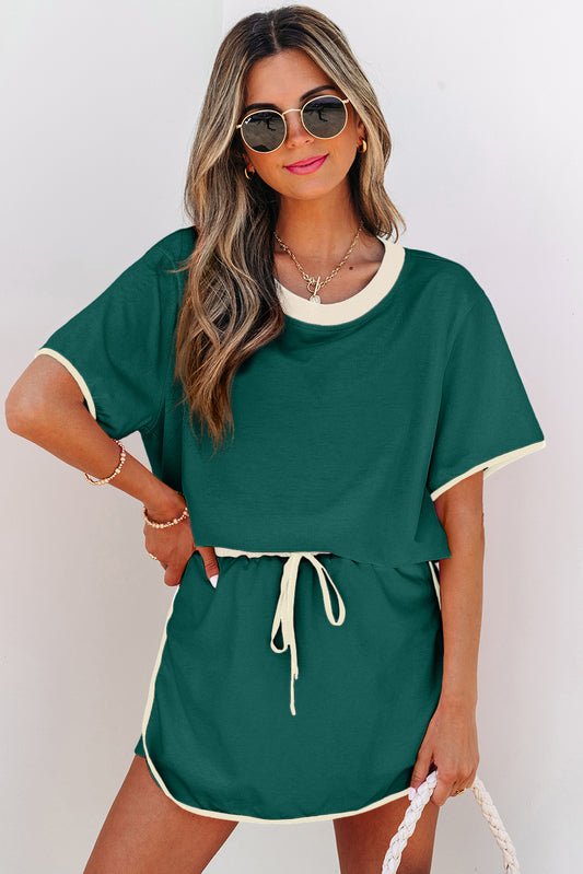 Colorblock Trim Tee Skort Set Drawstring Lounge Set