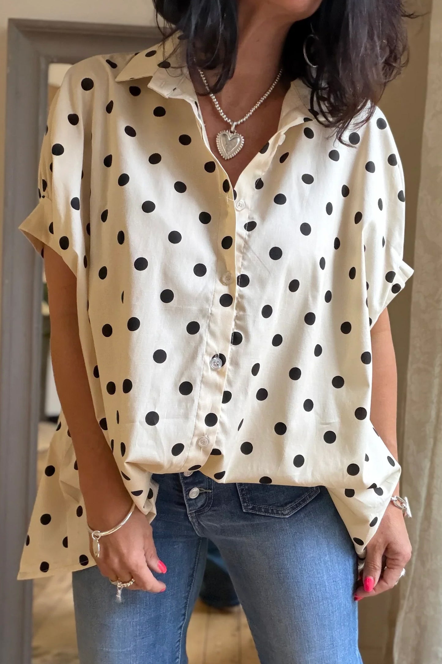 Beige Polka Dot Button Up Dolman Sleeve Loose Blouse