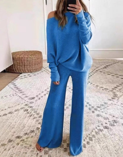 Women's Off Shoulder Knit Sweater Wide Leg Pants Lounge Set