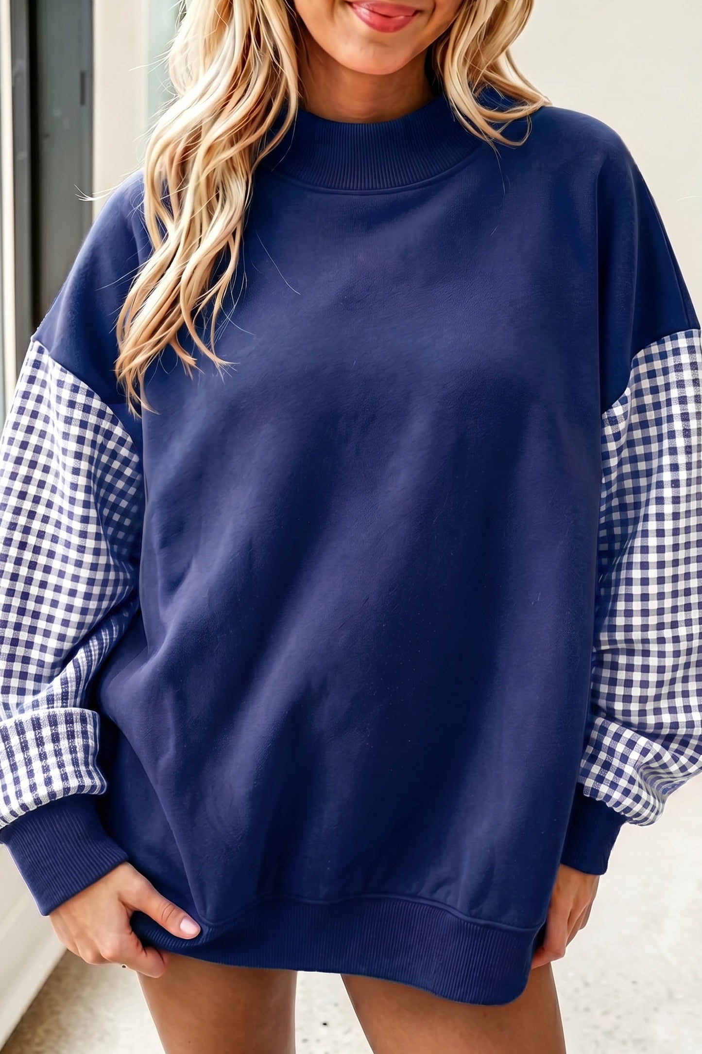 Evergreen Plaid Sleeve Colorblock Loose Tunic Sweatshirt