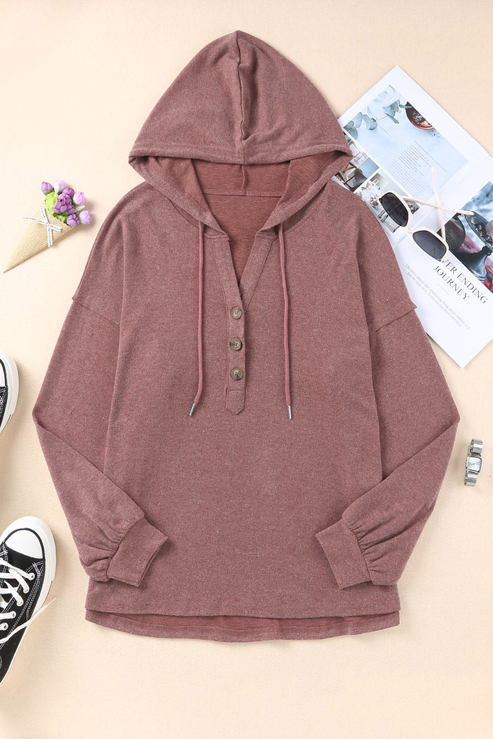 Buttoned High and Low Hem Hoodie