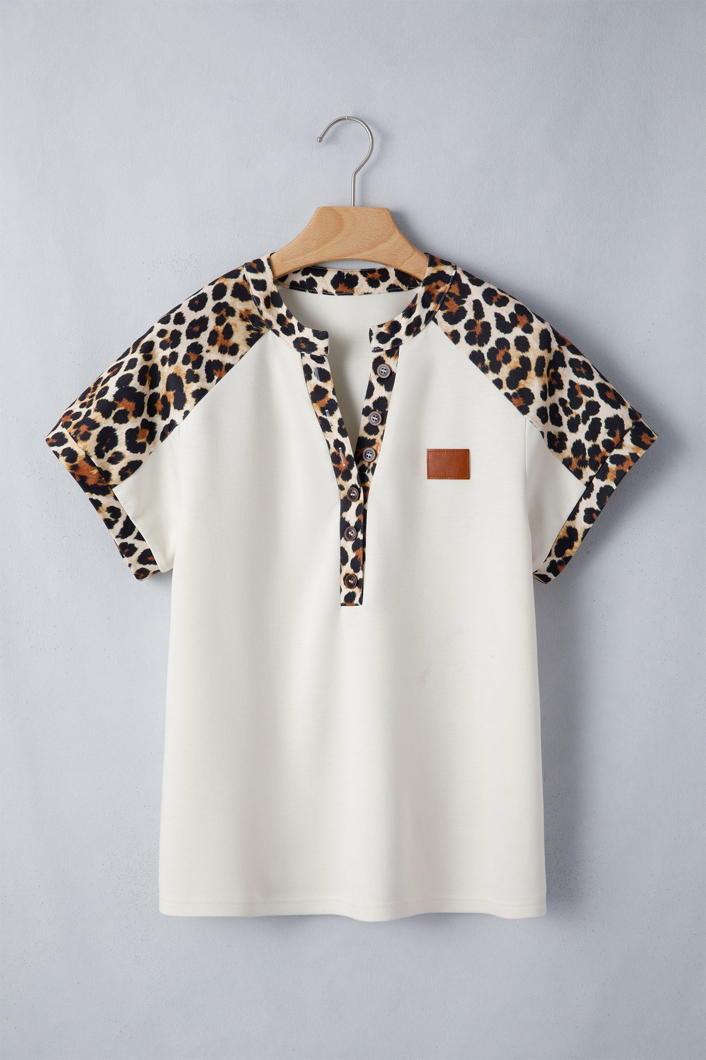 Leopard Patchwork Henley Button Short Sleeve Top