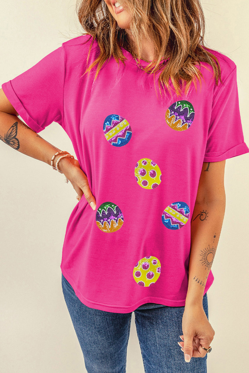 Rose Red Easter Egg Patch Graphic Crew Neck Tee