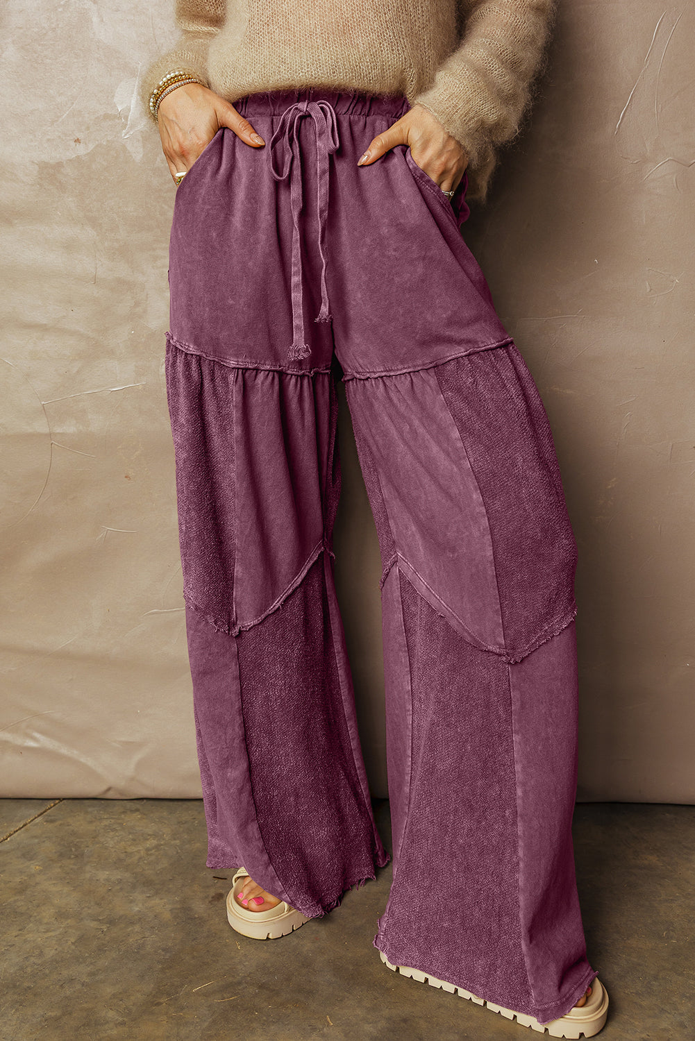Women's Black Mineral Wash Wide Leg Patchwork Pants