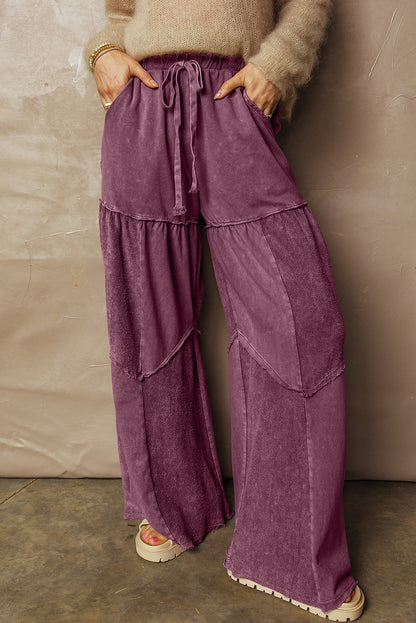 Women's Black Mineral Wash Wide Leg Patchwork Pants