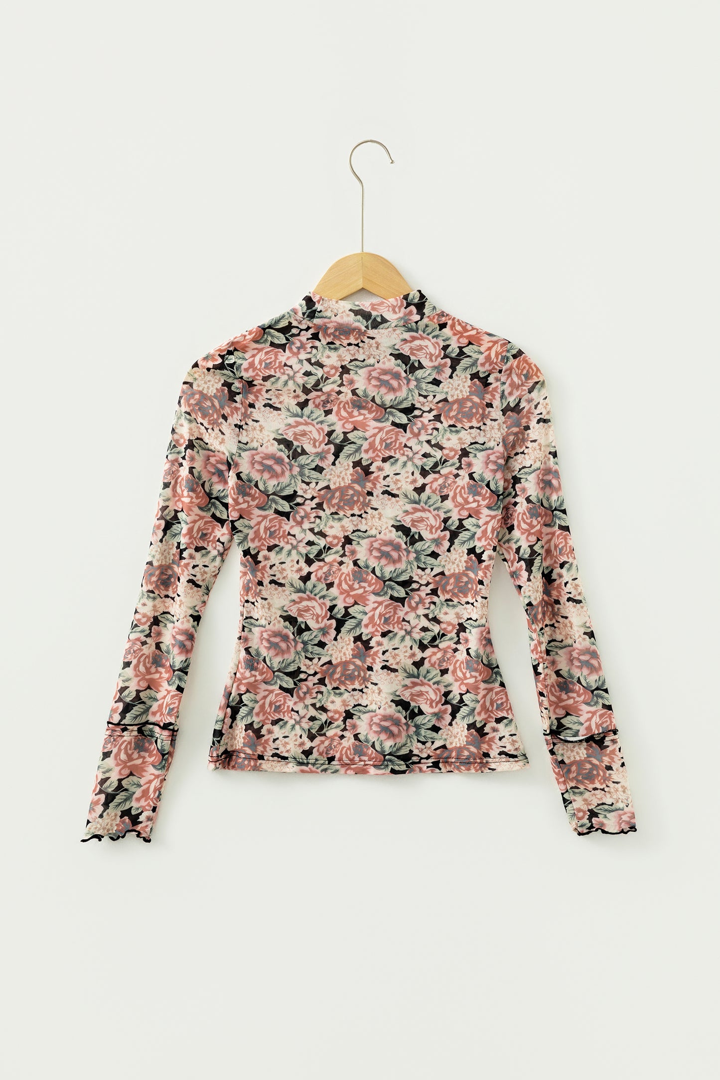 Vintage Floral Mesh Long Sleeve Mock Neck Slim Fit Top