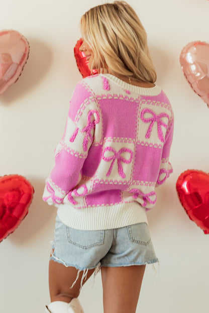 Valentine’s Day Pink Bow Checkered Knit Crew Neck Sweater