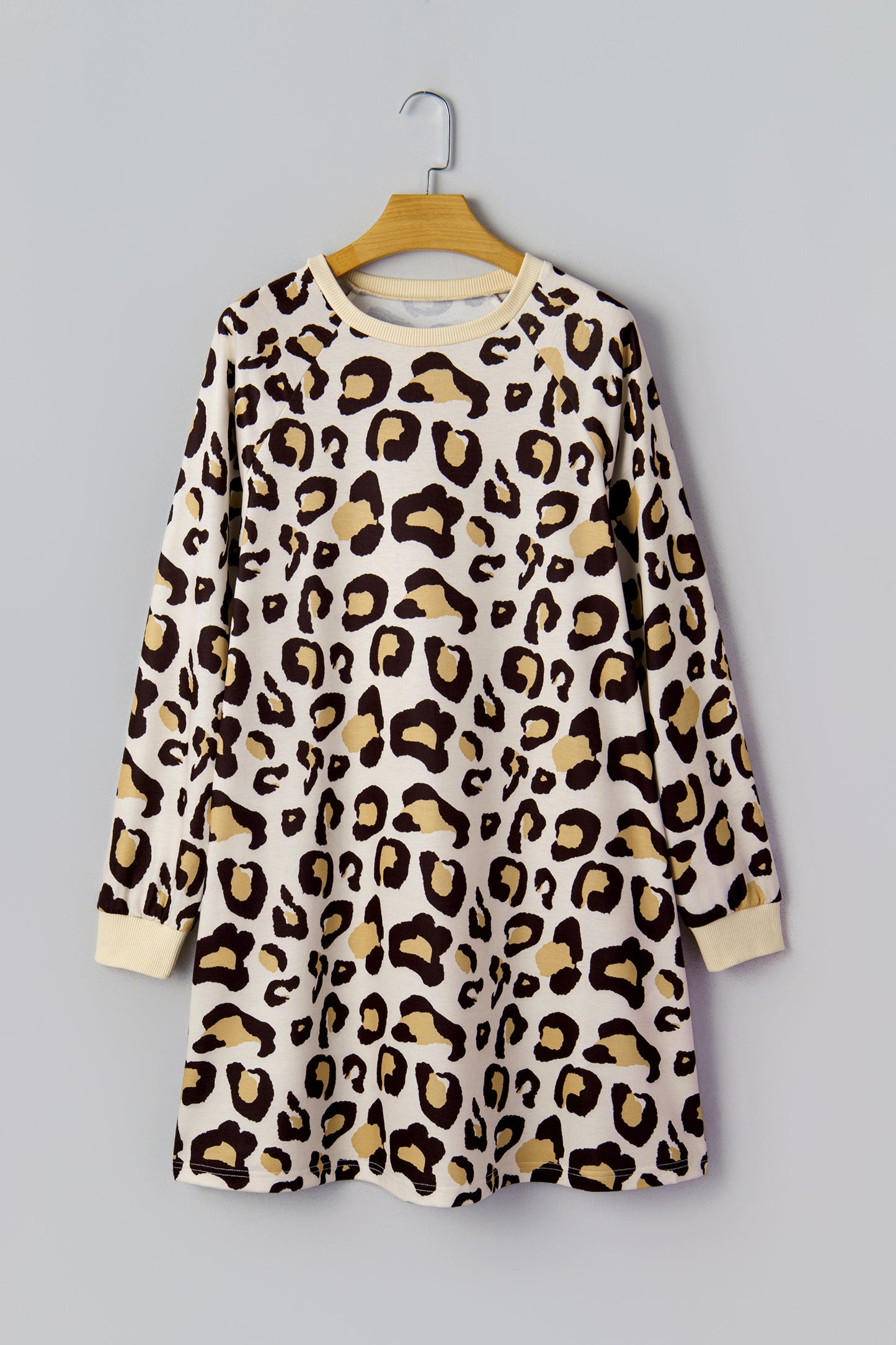 Khaki Leopard Long Sleeve T Shirt Shift Dress with Pockets