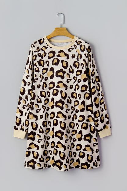 Khaki Leopard Long Sleeve T Shirt Shift Dress with Pockets