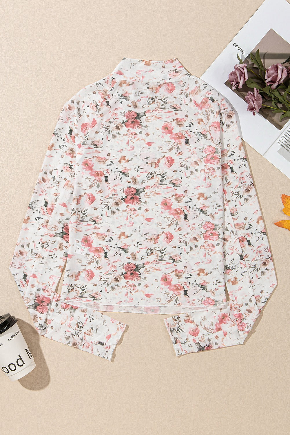 Brown Floral Mesh Mock Neck Long Sleeve Top