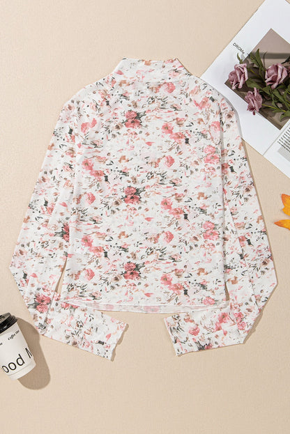 Brown Floral Mesh Mock Neck Long Sleeve Top