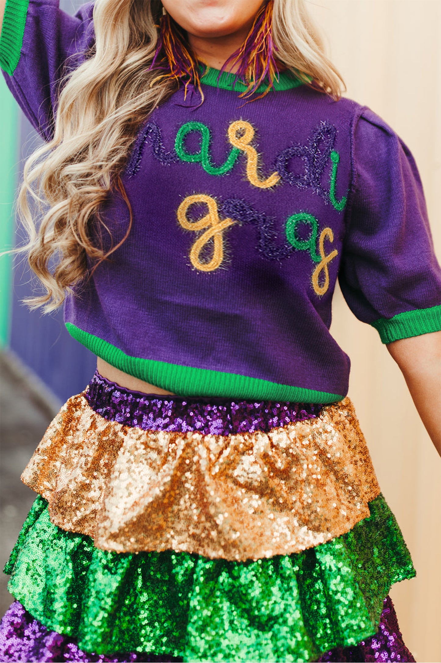 Purple Mardi Gras Tinsel Letter Short Sleeve Sweater Top
