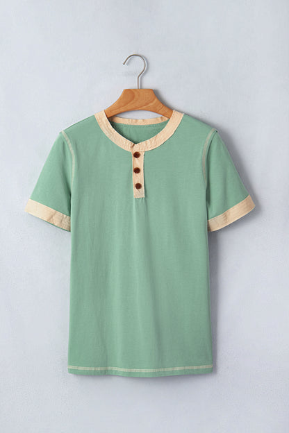 Short Sleeve Contrast Trim Button Henley Tee