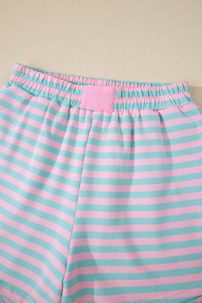 Striped Long Sleeve Pullover and Shorts Lounge Set