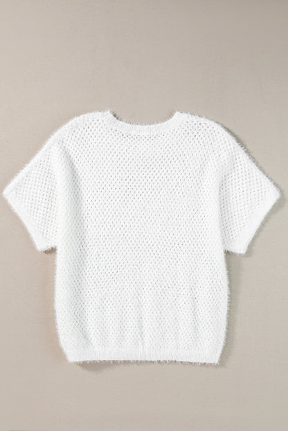 White Fuzzy Eyelet Knitted Sweater T-shirt