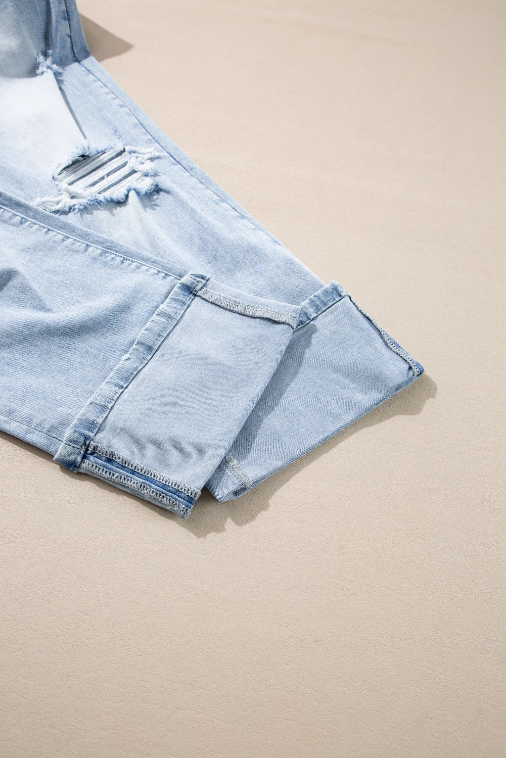 Light Wash Distressed Straight Leg Jeans Raw Hem Denim