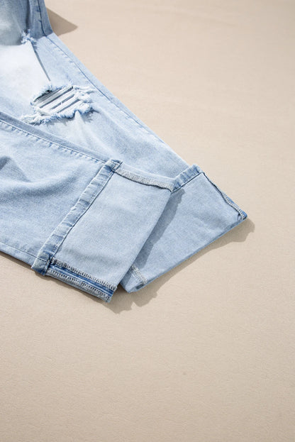 Light Wash Distressed Straight Leg Jeans Raw Hem Denim