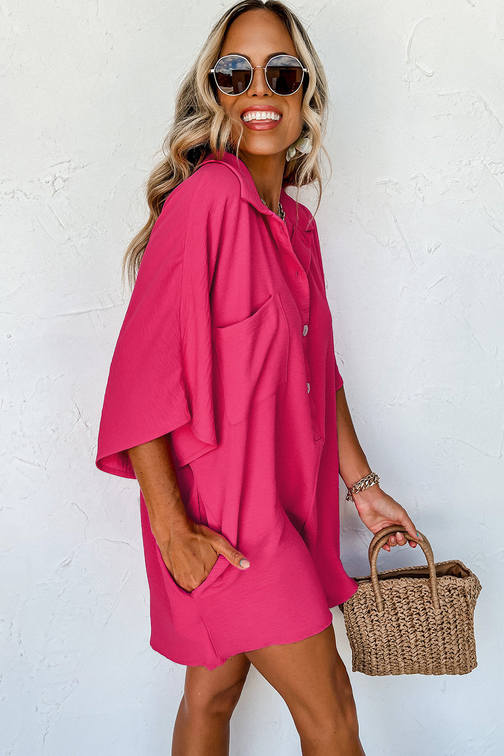 Black Collared Button Front Loose Fit Romper